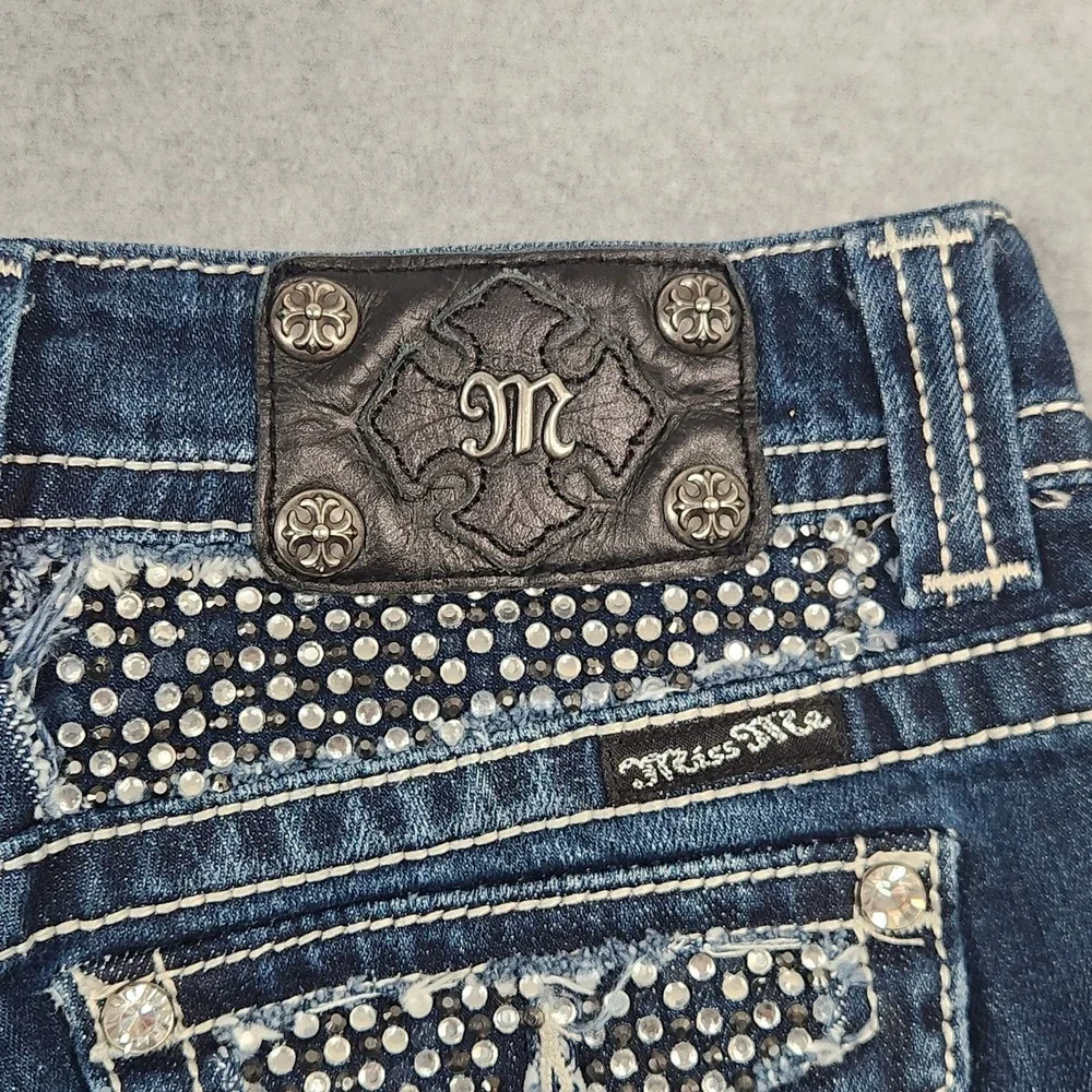 Miss Me Denim Jean Shorts Size 25 Blue Embellished Rhinestones Studded Flap - Picture 8 of 15